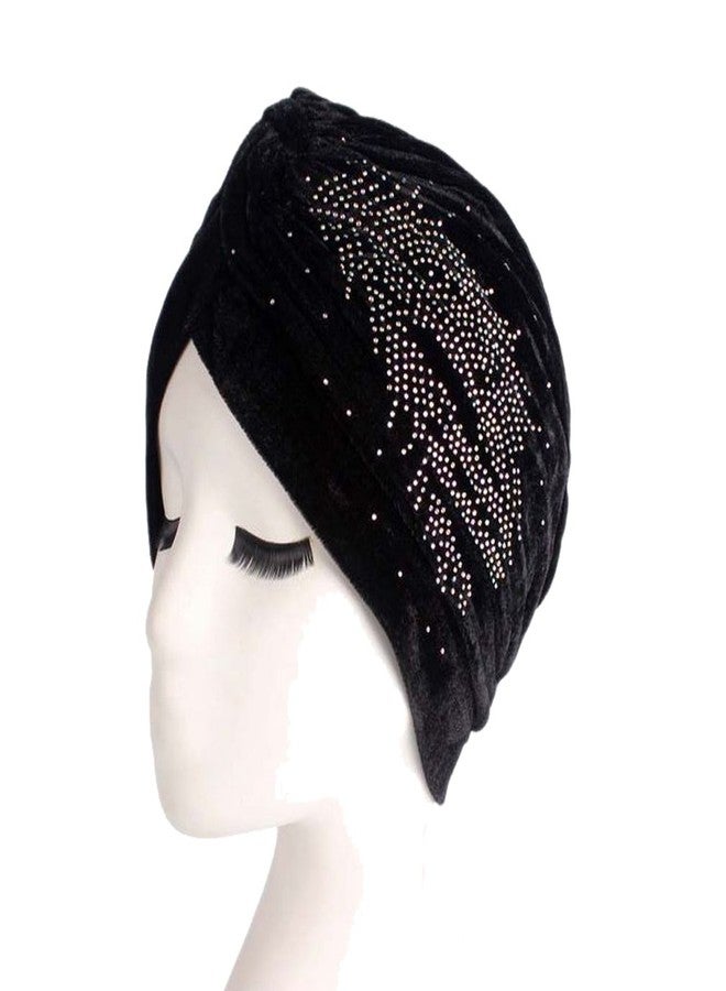 DECOU Feather Image Velvet-Feel Twist Pleated Hair Wrap Stretch Turban Hat (Black) - Image 2
